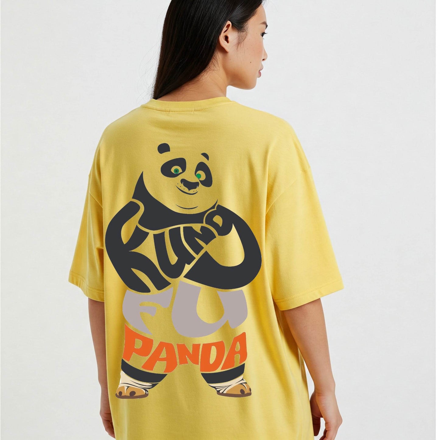 Yellow Kung Fu Panda Text Graphic Oversized T-shirt Dress Befaltu - Befaltu