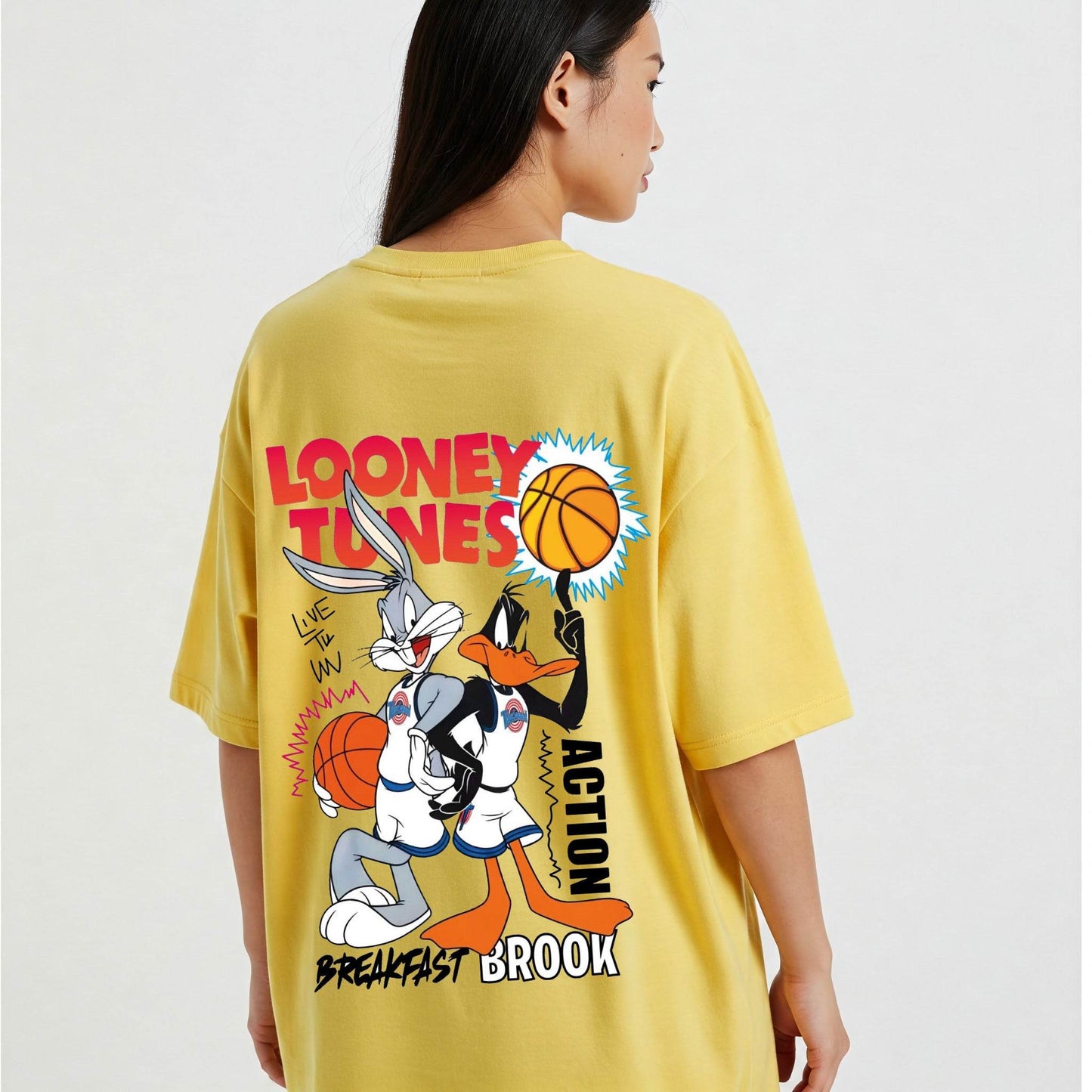 Yellow Looney Tunes Basketball Graphic Oversized T-shirt Befaltu - Befaltu