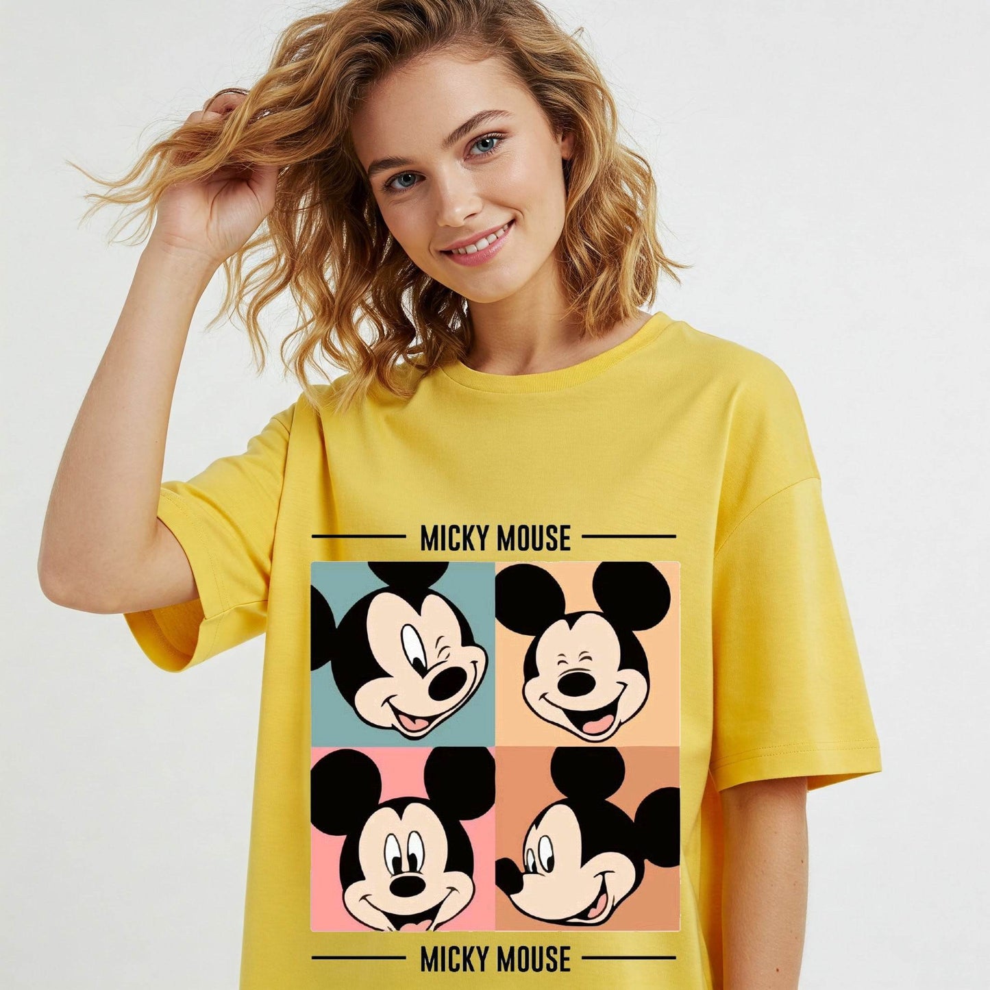 Yellow Mickey Mouse Expressions Graphic Women's Oversized T-shirt Befaltu - Befaltu