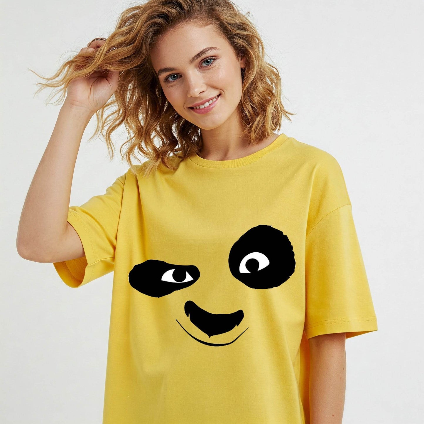Yellow Panda Face Graphic Oversized T-shirt Dress Befaltu - Befaltu