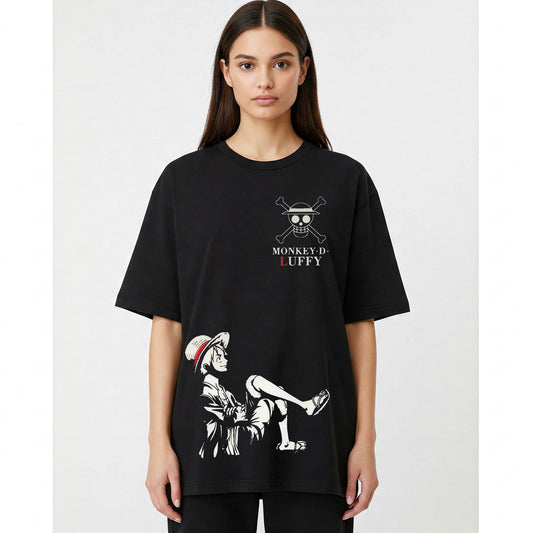 Straw Hat Swagger – Monkey D. Luffy Oversized Graphic T-Shirt (Black) - Befaltu