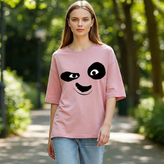 Pink Panda Face Graphic Women's Oversized T-shirt Befaltu