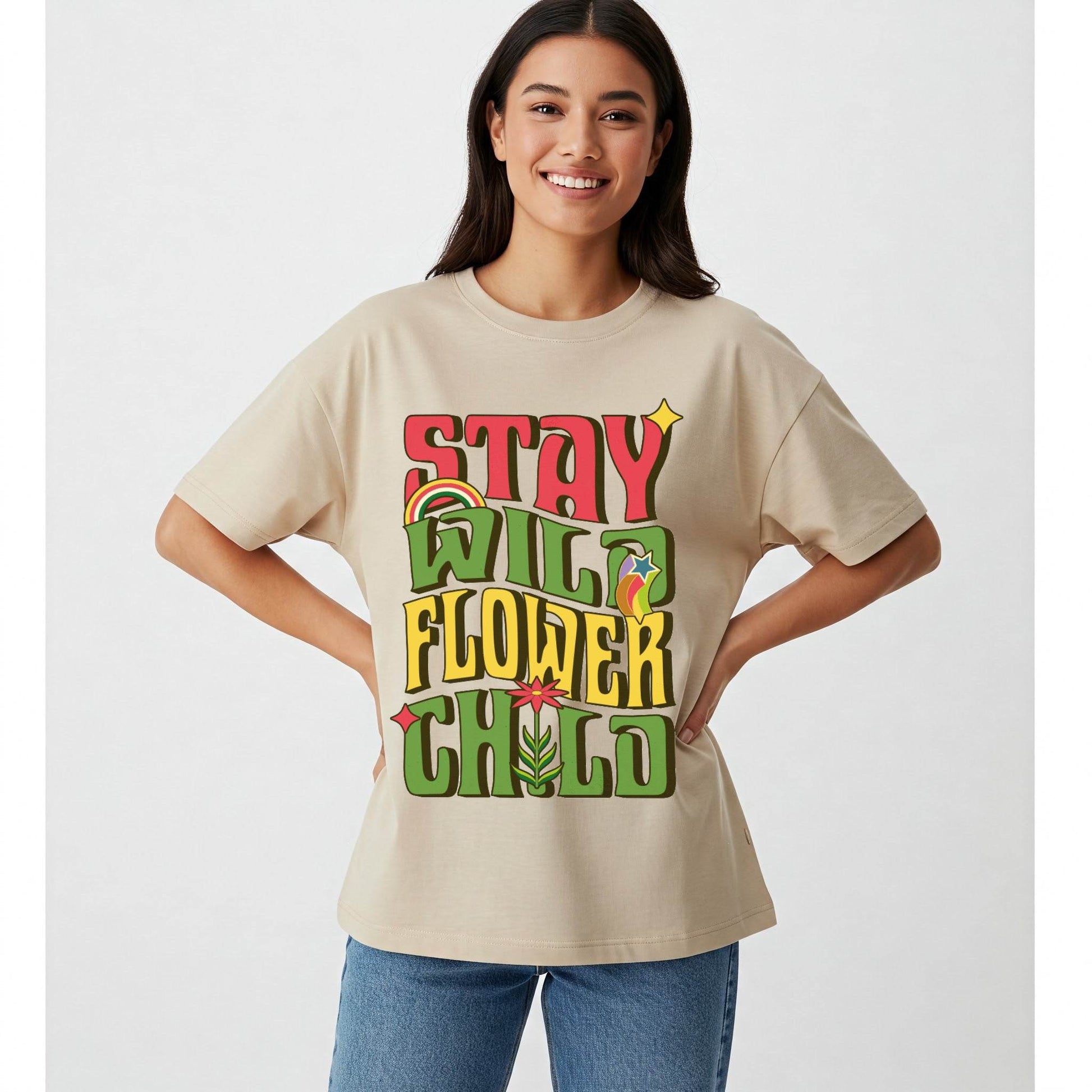 Stay Wild Flower Child – Retro Oversized Graphic T-Shirt (Beige) - Befaltu