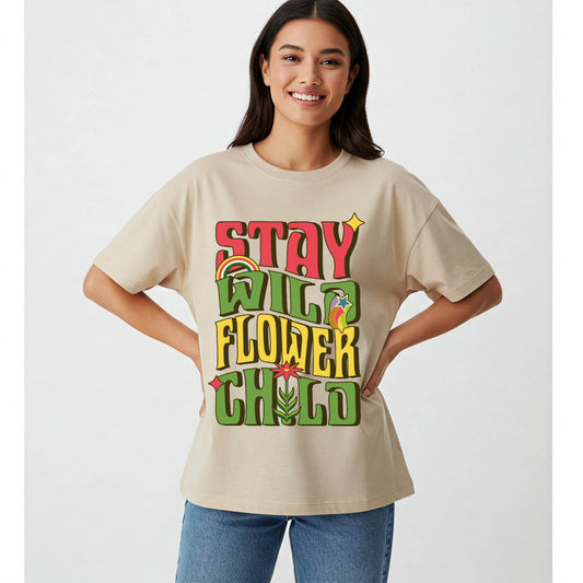 Stay Wild Flower Child – Retro Oversized Graphic T-Shirt (Beige) - Befaltu