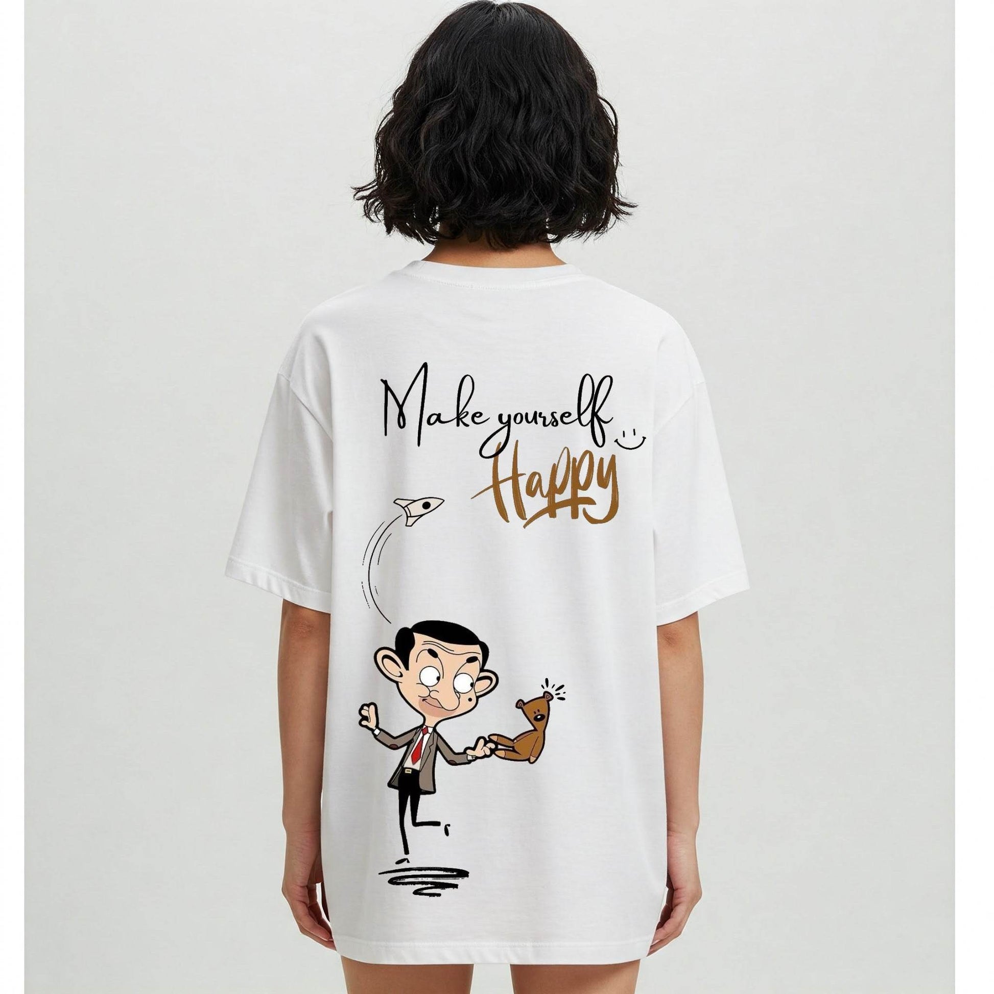 Make Yourself Happy – Oversized Graphic T-Shirt (White) - Befaltu