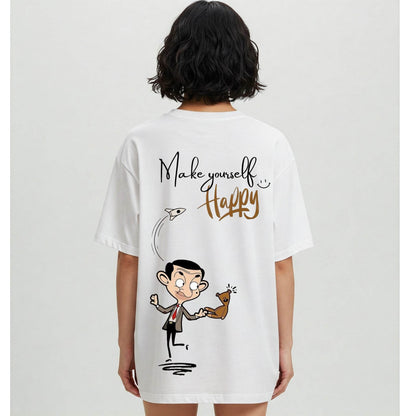 Make Yourself Happy – Oversized Graphic T-Shirt (White) - Befaltu