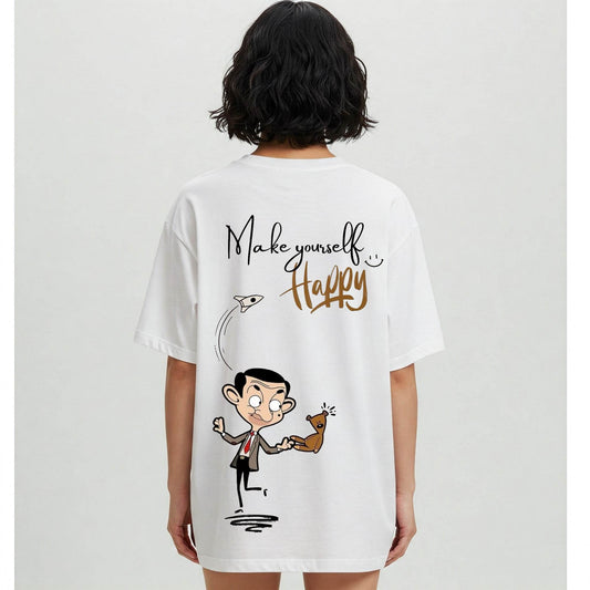 Make Yourself Happy – Oversized Graphic T-Shirt (White) - Befaltu