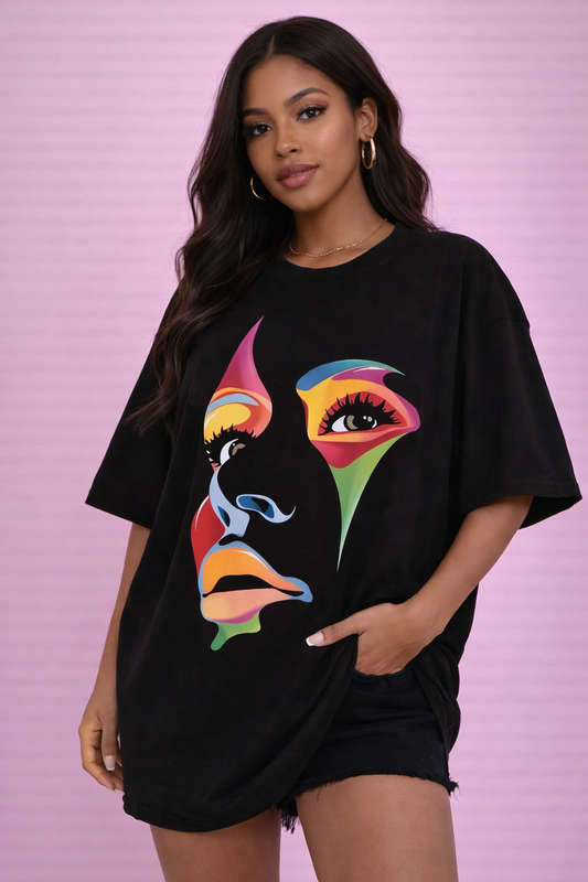 BEFALTU Abstract Face Artistic Graphic Oversized Black T-Shirt for Women