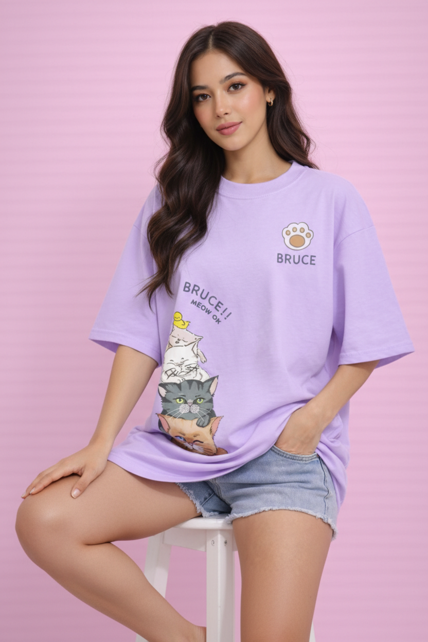 BEFALTU “Bruce Meow” Cute Cat Stack Graphic Oversized lavender T-Shirt for Women