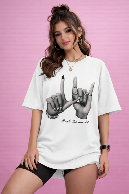 BEFALTU “Rock the World” Oversized white T-Shirt for Women