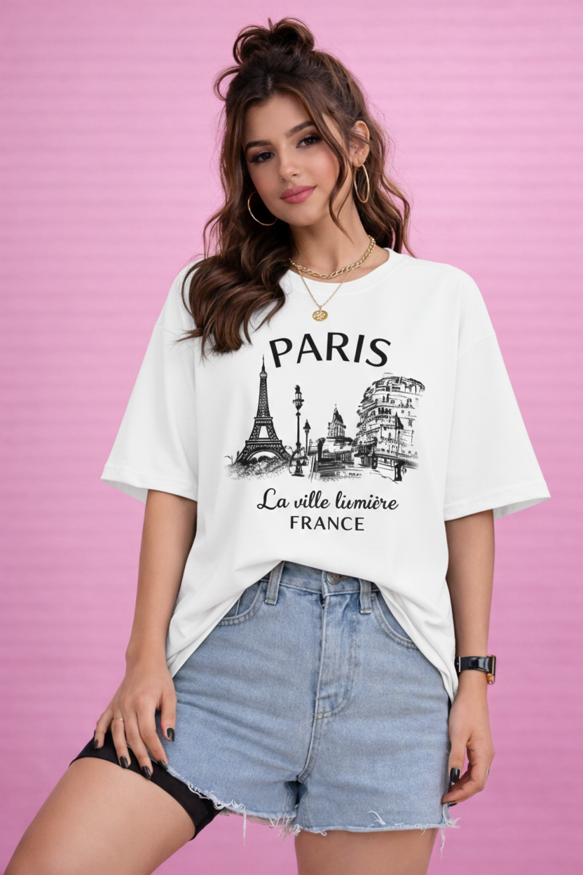 BEFALTU “Paris Cityscape” Oversized WHITE T-Shirt for Women