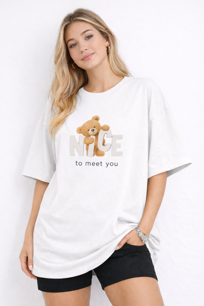 BEFALTU “Nice to Meet You” Teddy Oversized WHITE T-Shirt for Women