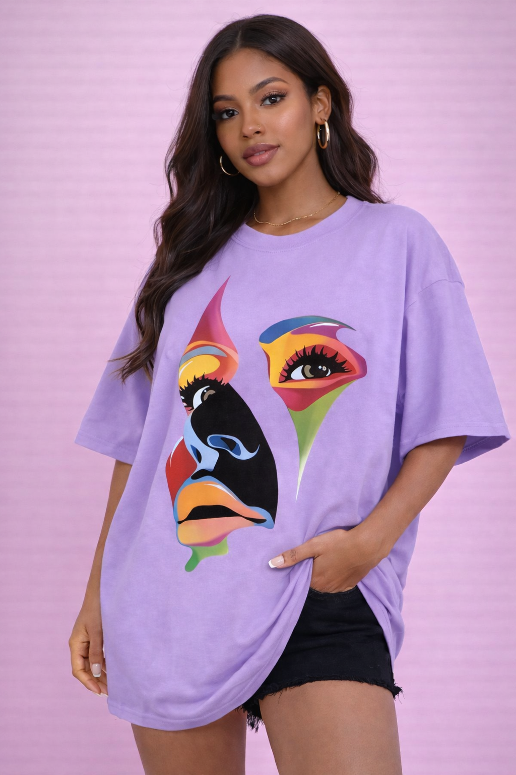BEFALTU Abstract Face Artistic Graphic Oversized lavender T-Shirt for Women
