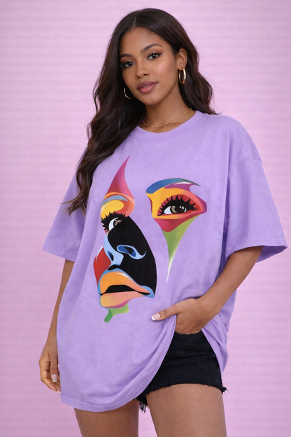 BEFALTU Abstract Face Artistic Graphic Oversized lavender T-Shirt for Women