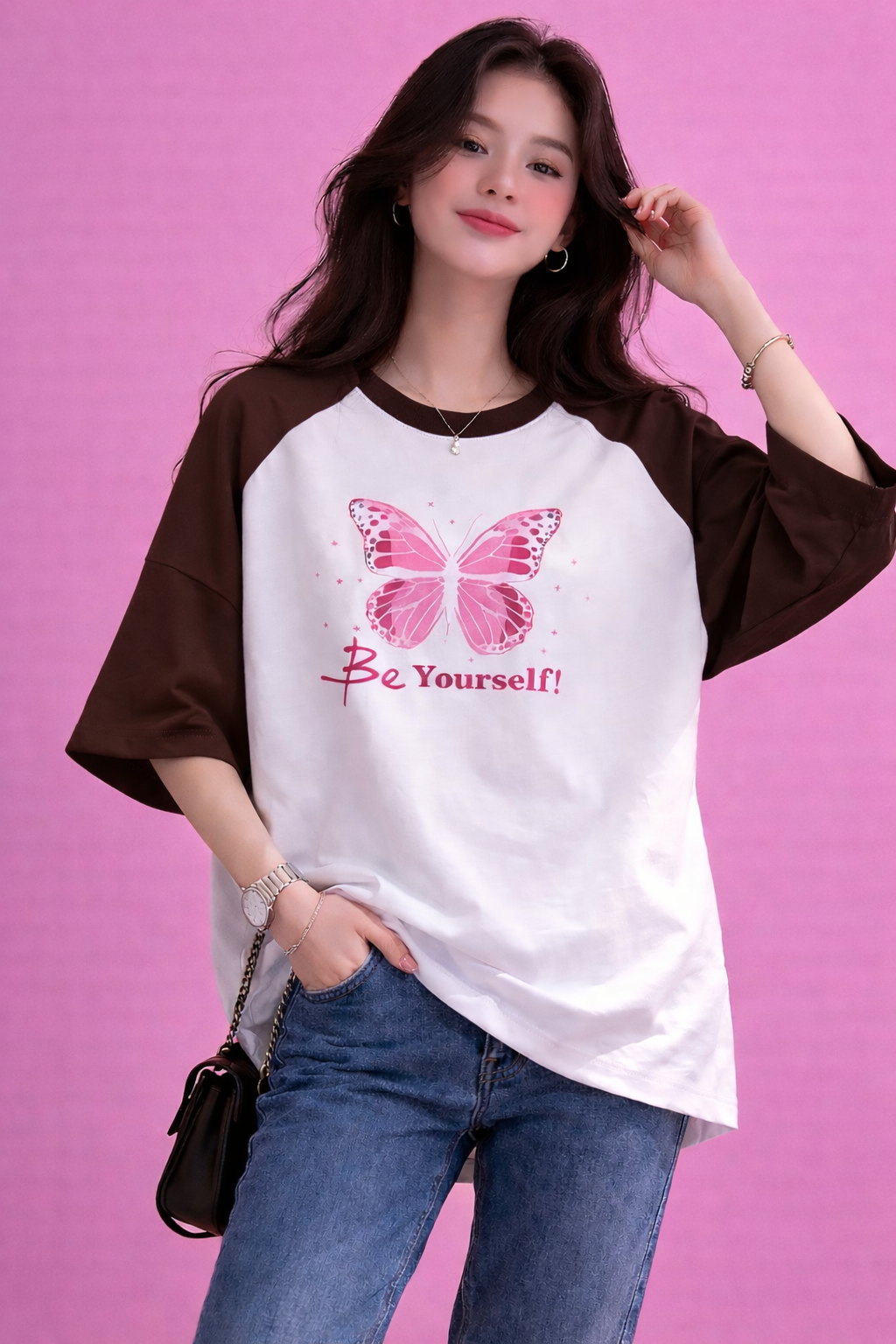 BEFALTU “Be Yourself” Pink Butterfly Aesthetic Raglan Oversized T-Shirt for Women