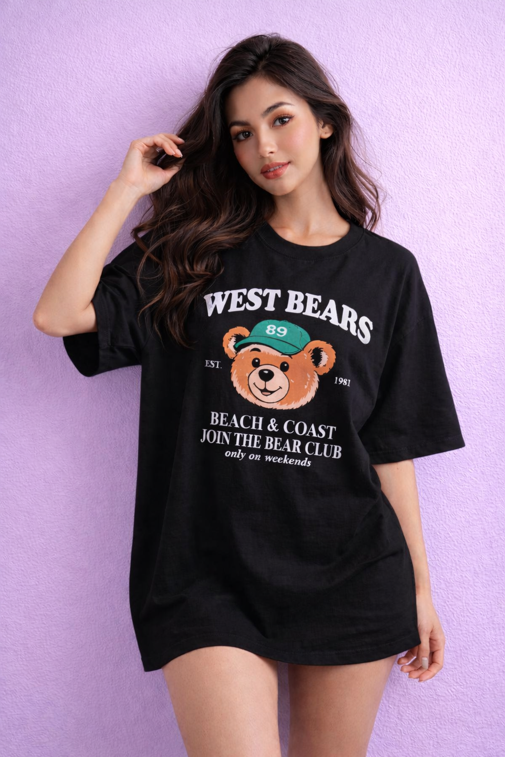 BEFALTU “West Bears Club” Oversized Black T-Shirt for Women