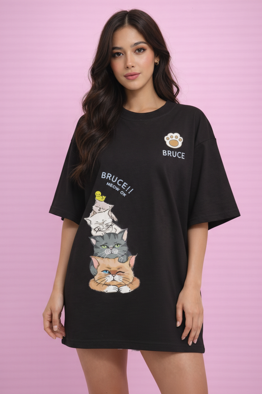 BEFALTU “Bruce Meow” Cute Cat Stack Graphic Oversized Black T-Shirt for Women