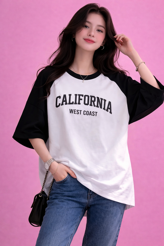 BEFALTU “California West Coast” Typography Raglan Oversized T-Shirt for Women