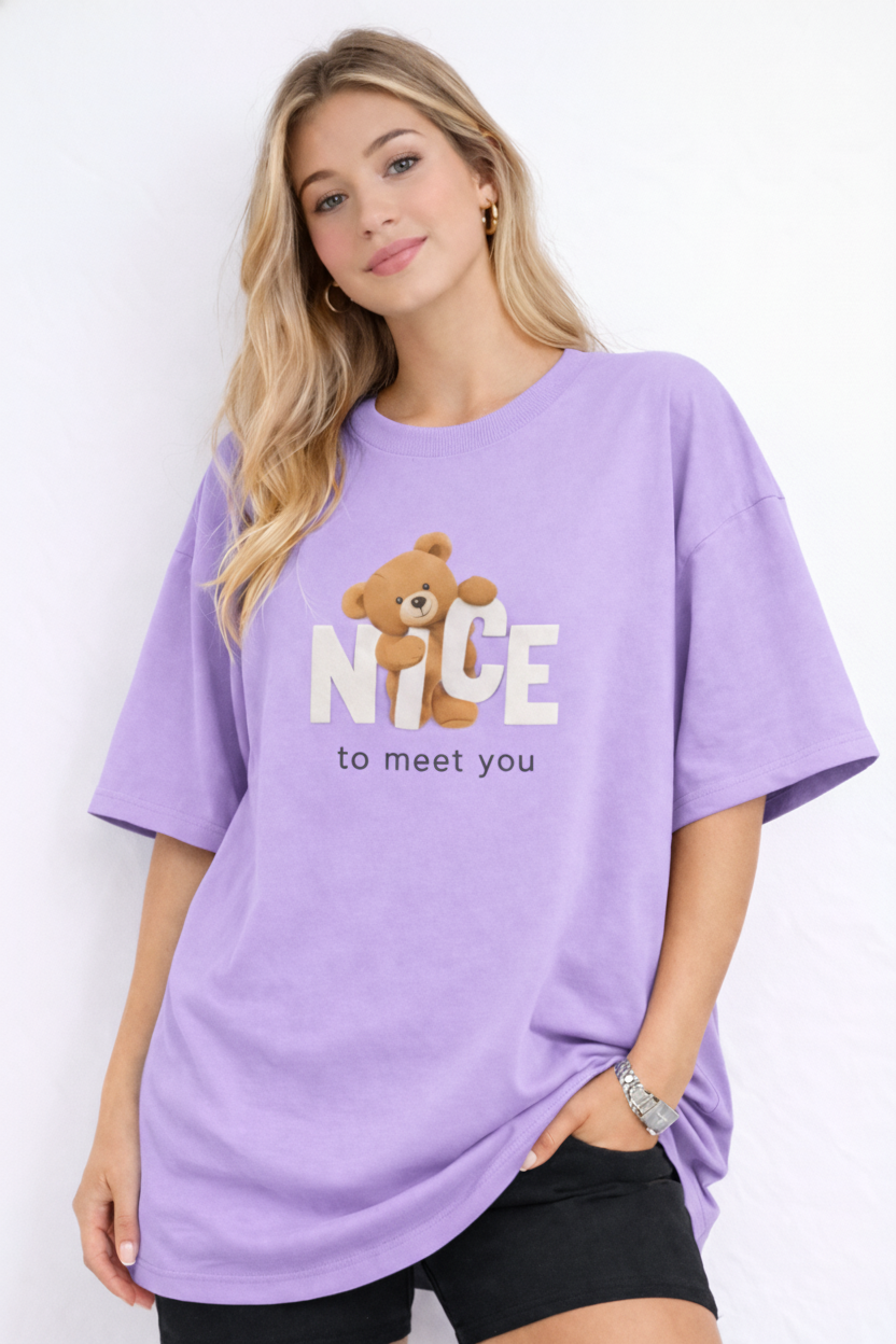 BEFALTU “Nice to Meet You” Teddy Oversized LAVENDER T-Shirt for Women