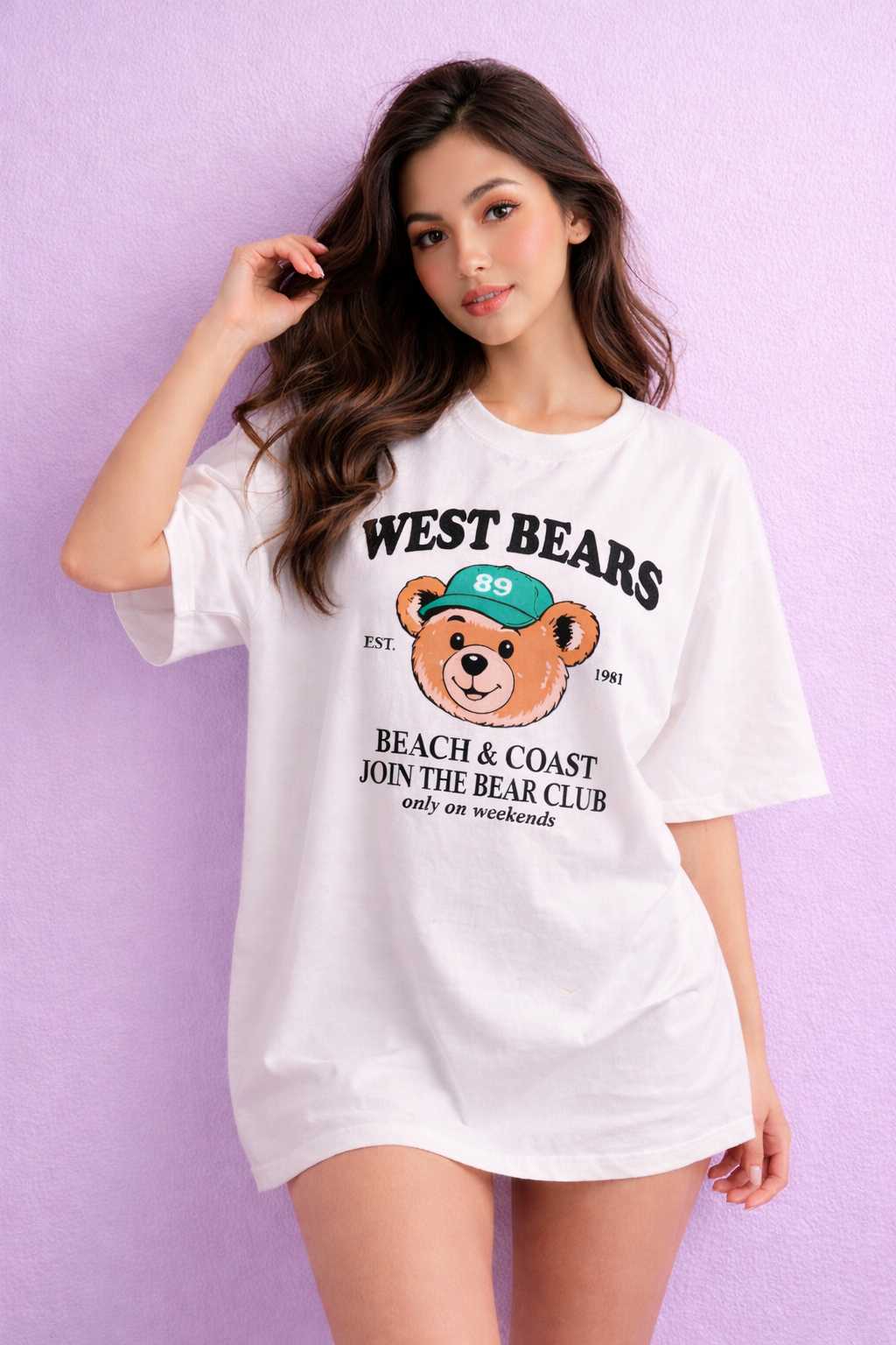 BEFALTU “West Bears Club” Oversized WHITE T-Shirt for Women