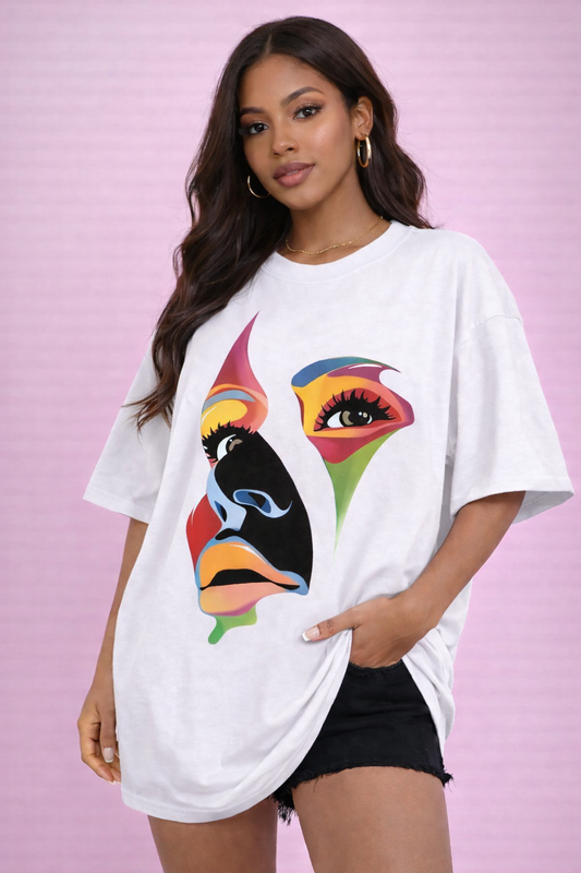 BEFALTU Abstract Face Artistic Graphic Oversized white T-Shirt for Women