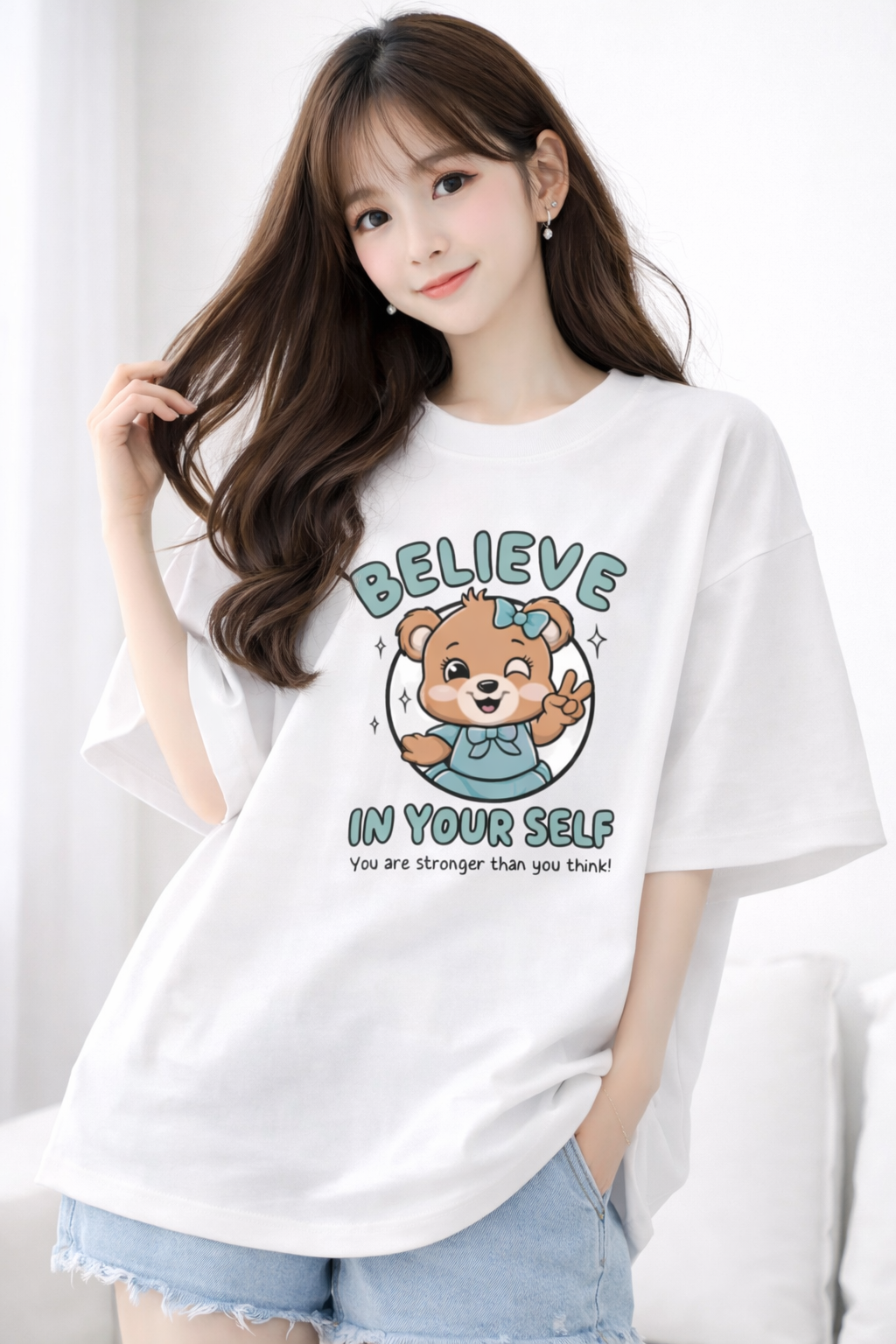 BEFALTU Women Oversized White T-Shirt – “Believe in Yourself” Cute Teddy Graphic Print