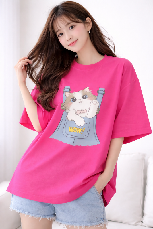 BEFALTU “WOW Cat Pocket” Oversized PINK T-Shirt for Women