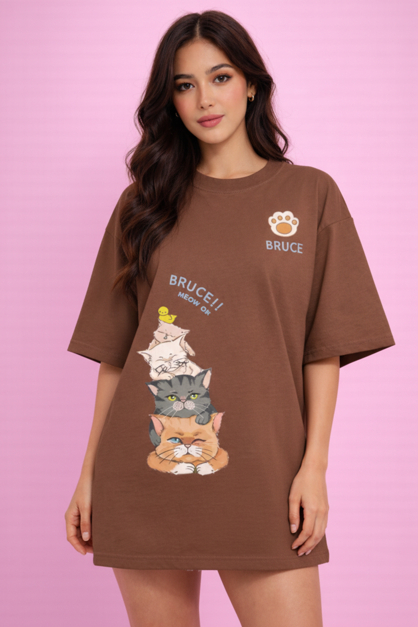 BEFALTU “Bruce Meow” Cute Cat Stack Graphic Oversized BROWN T-Shirt for Women