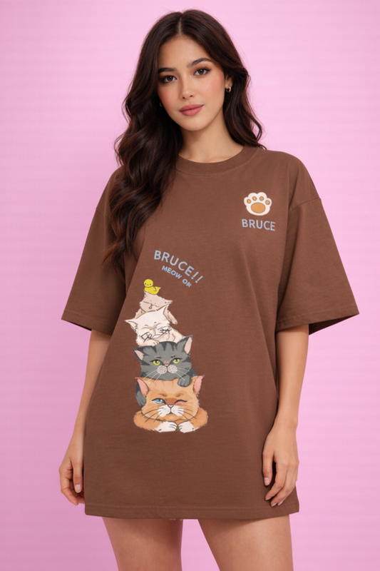 BEFALTU “Bruce Meow” Cute Cat Stack Graphic Oversized BROWN T-Shirt for Women