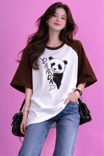 BEFALTU “Panda” Cute Minimal Graphic Raglan Oversized T-Shirt for Women