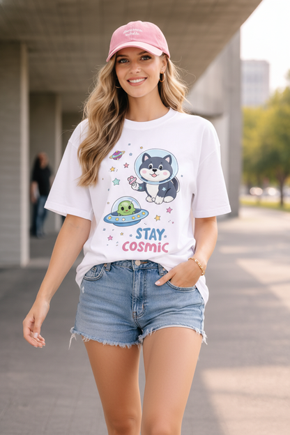 BEFALTU “Stay Cosmic” Cute Space Cat Graphic Oversized WHITE T-Shirt for Women