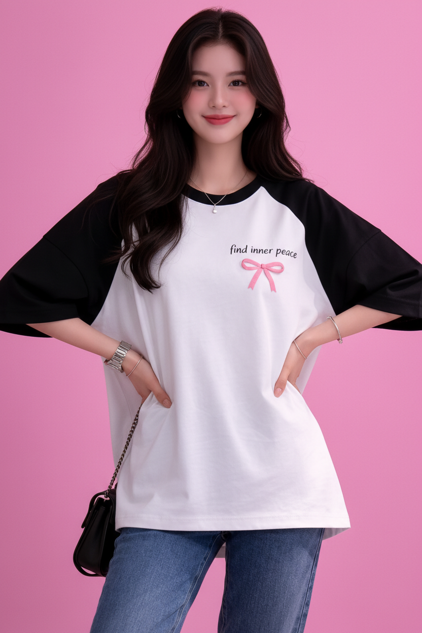 BEFALTU “Find Inner Peace” Aesthetic Bow Raglan Oversized T-Shirt for Women