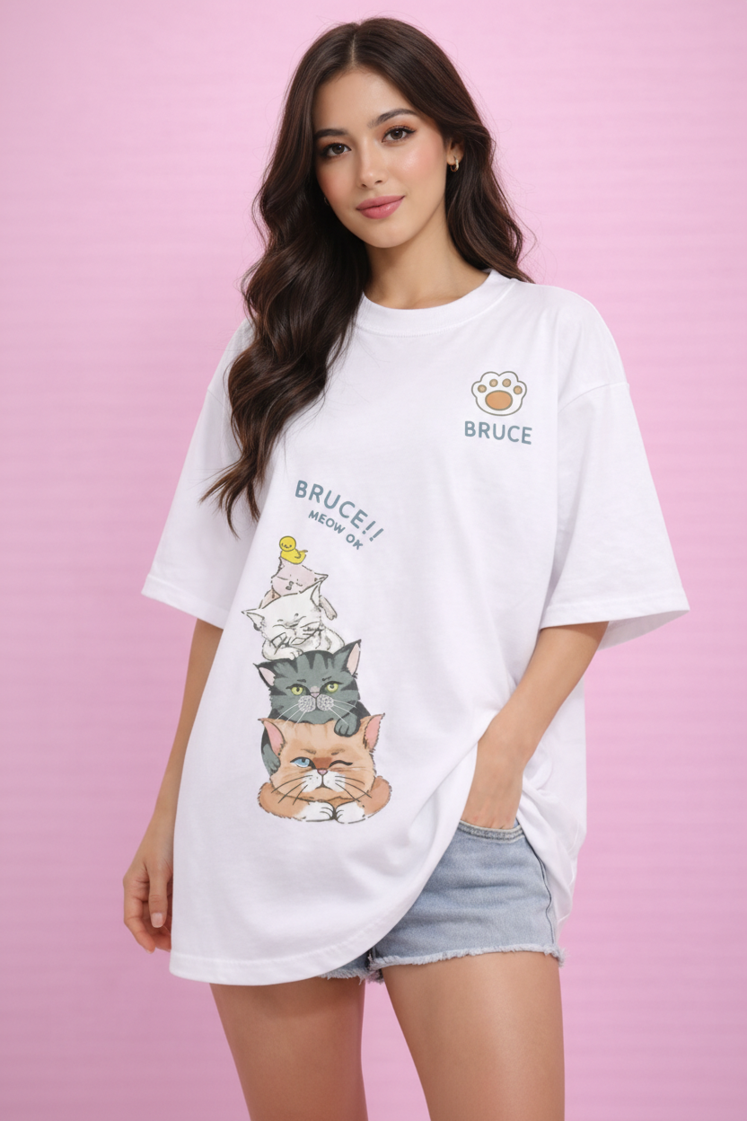 BEFALTU “Bruce Meow” Cute Cat Stack Graphic Oversized white T-Shirt for Women