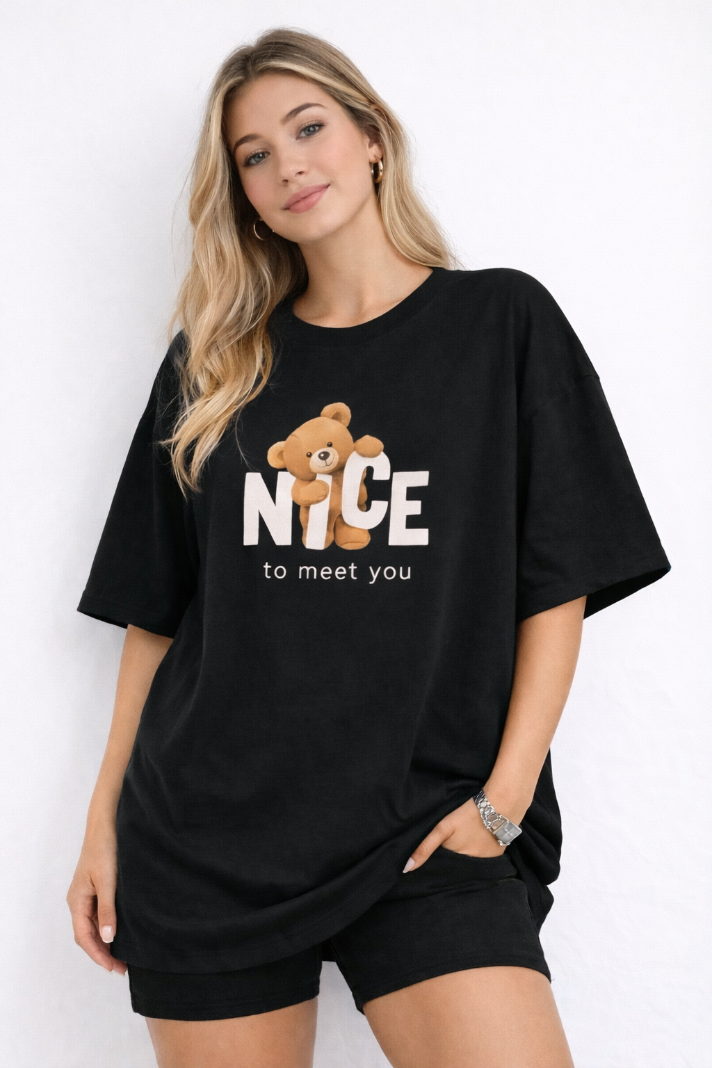 BEFALTU “Nice to Meet You” Teddy Oversized Black T-Shirt for Women