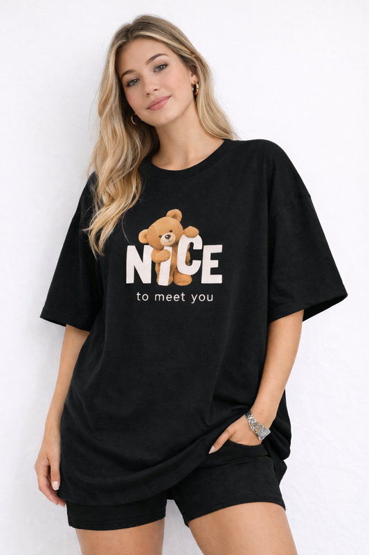 BEFALTU “Nice to Meet You” Teddy Oversized Black T-Shirt for Women