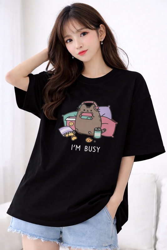 BEFALTU “I’m Busy” Cute Cat Oversized Black T-Shirt for Women