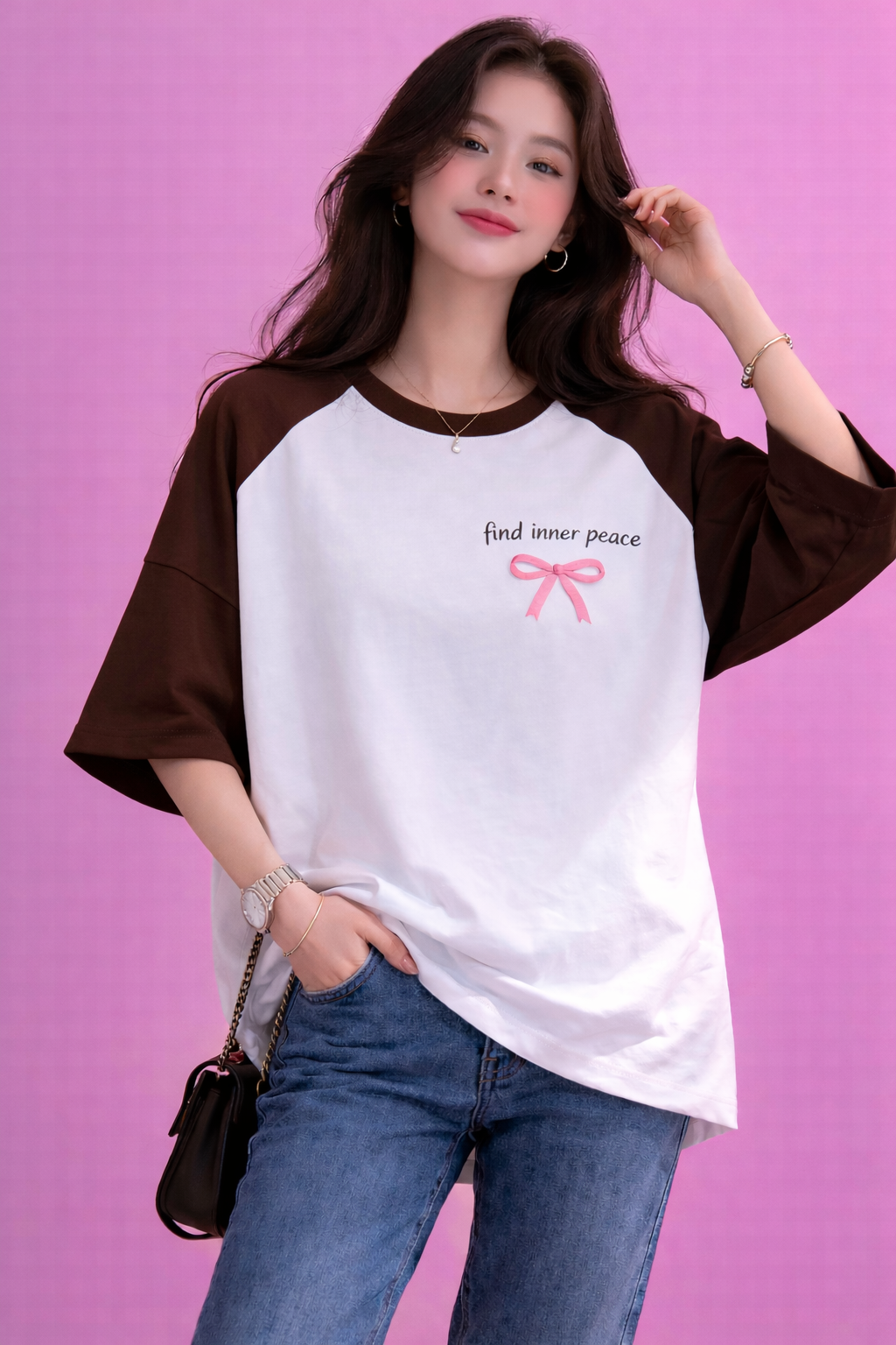 BEFALTU “Find Inner Peace” Aesthetic Bow Raglan Oversized T-Shirt for Women