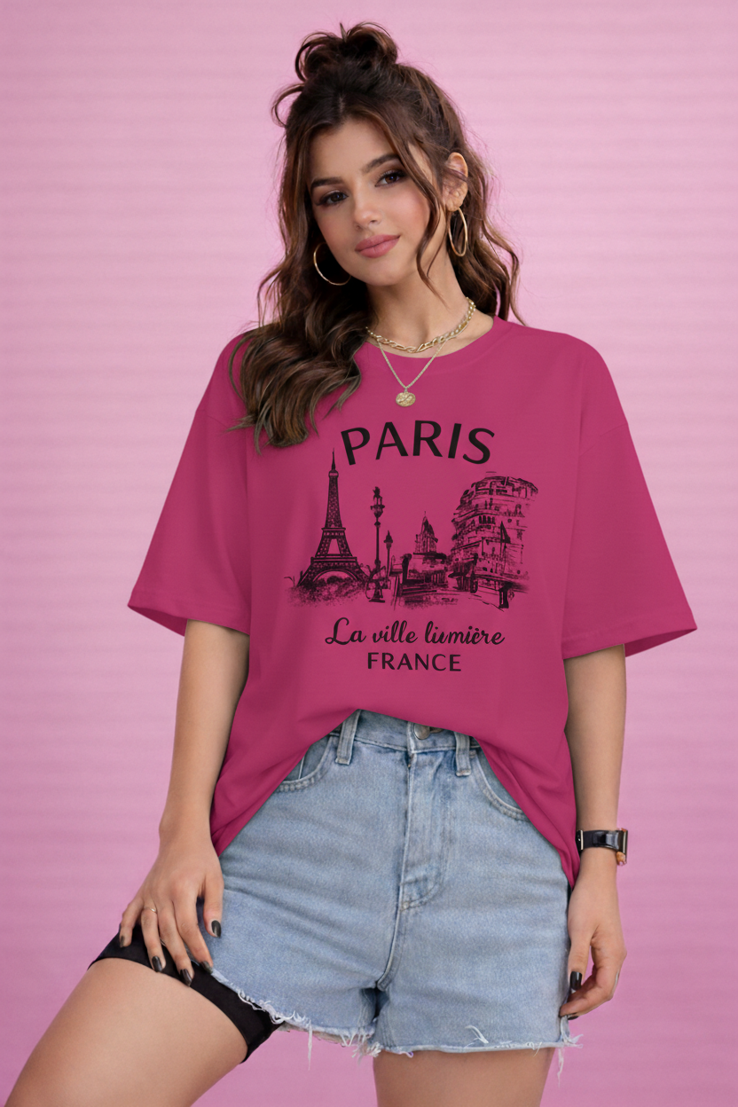 BEFALTU “Paris Cityscape” Oversized PINK T-Shirt for Women