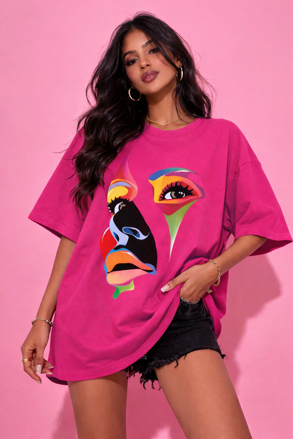 BEFALTU Abstract Face Artistic Graphic Oversized pink T-Shirt for Women
