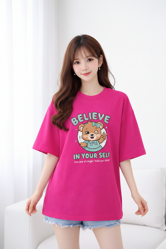BEFALTU Women Oversized PINK T-Shirt – “Believe in Yourself” Cute Teddy Graphic Print