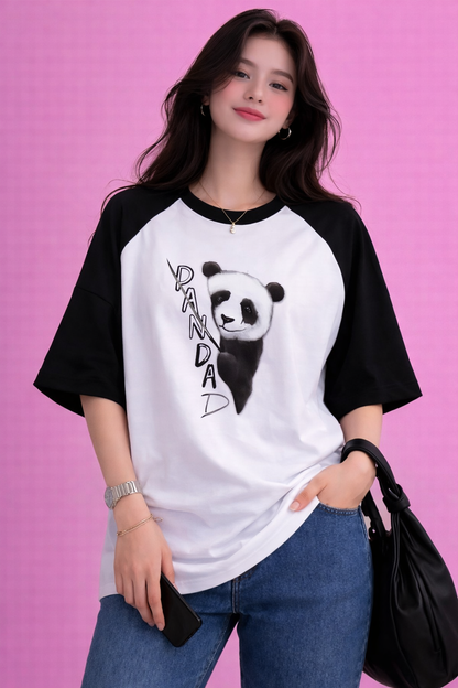 BEFALTU “Panda” Cute Minimal Graphic Raglan Oversized T-Shirt for Women