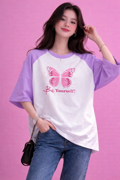 BEFALTU “Be Yourself” Pink Butterfly Aesthetic Raglan Oversized T-Shirt for Women