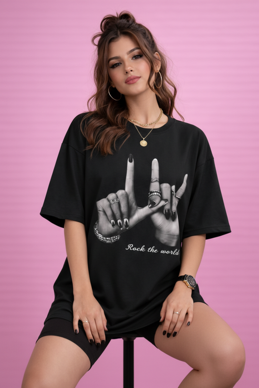 BEFALTU “Rock the World” Oversized Black T-Shirt for Women