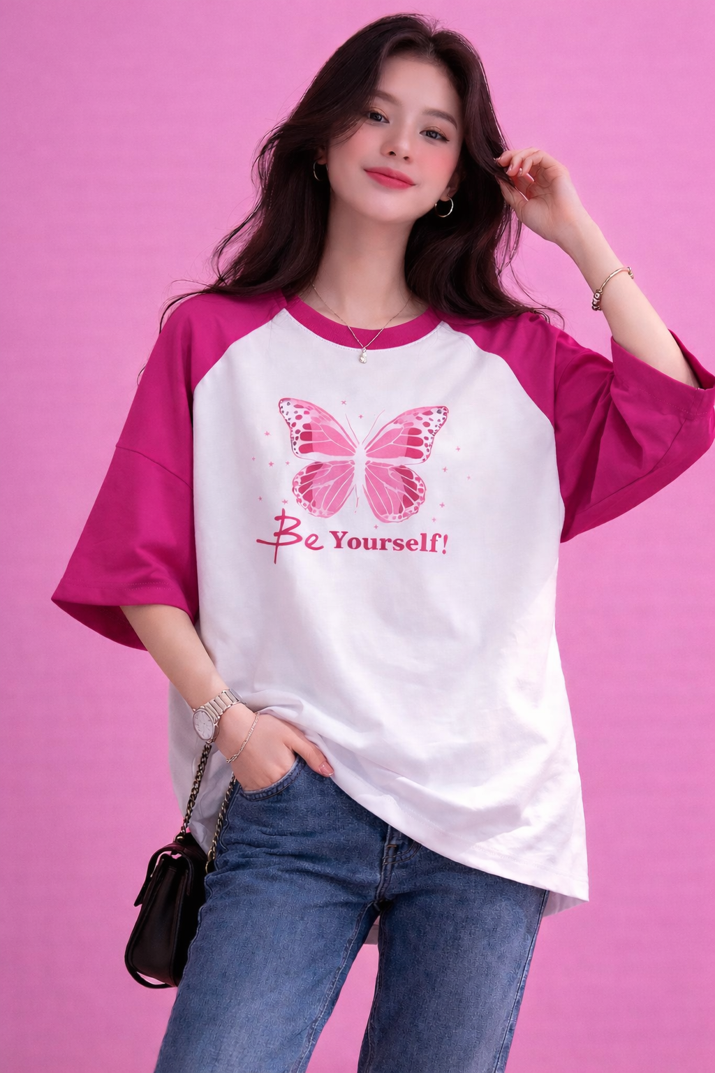 BEFALTU “Be Yourself” Pink Butterfly Aesthetic Raglan Oversized T-Shirt for Women