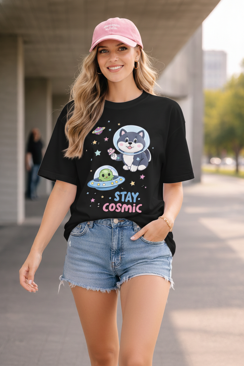 BEFALTU “Stay Cosmic” Cute Space Cat Graphic Oversized Black T-Shirt for Women