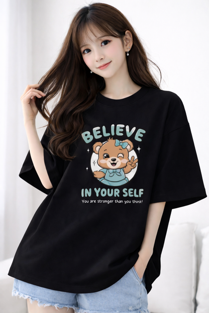 BEFALTU Women Oversized BLACK T-Shirt – “Believe in Yourself” Cute Teddy Graphic Print