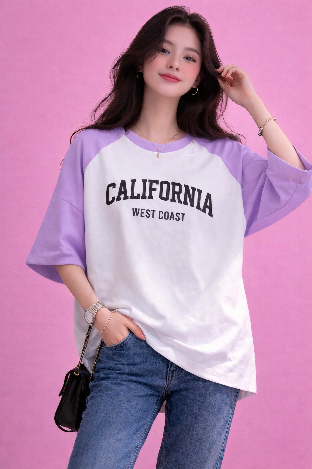 BEFALTU “California West Coast” Typography Raglan Oversized T-Shirt for Women
