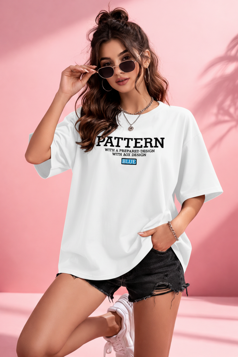 BEFALTU “Pattern Text” Oversized WHITE T-Shirt for Women