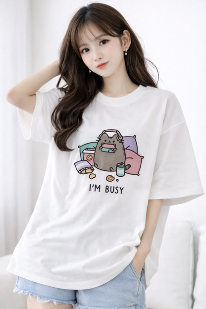 BEFALTU “I’m Busy” Cute Cat Oversized WHITE T-Shirt for Women