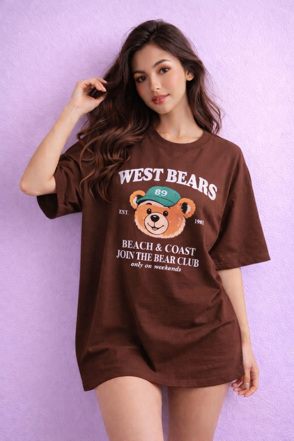 BEFALTU “West Bears Club” Oversized BROWN T-Shirt for Women